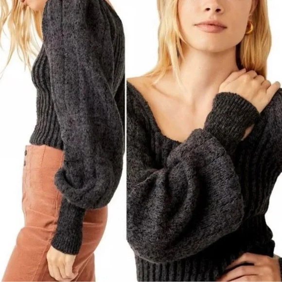 Dark Grey Free People Katie Mix Stitch Square Neck Sweater, size L. - Picture 1 of 5
